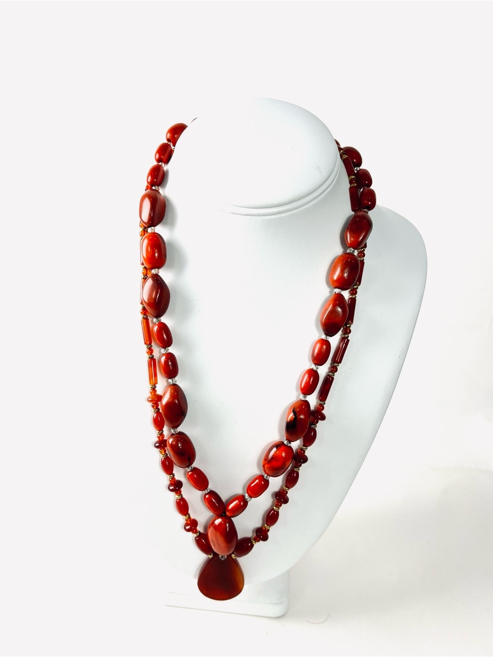 Lot of‎ 2 Red Beaded Necklaces Double Strand Statement Boho Pendant Set